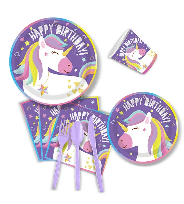 Purple Unicorn Theme Disposable Tableware Set Cartoon Unicorn Paper Plates Napkins Cups Happy Girls Unicorn Birthday Party Decor