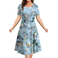 Summer Women'S Loose Fitting Dress Floral Print Fashionable Short Sleeved Over Knee Dress Y2k Round Neck Dress Women'S Casual