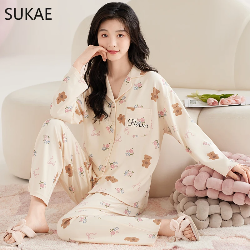 SUKAE 여성용 잠옷 세트, 우아한 턴다운 칼라 잠옷, 여자 인조 코튼 잠옷, 레이디 긴팔 라운지웨어, 가을 겨울 