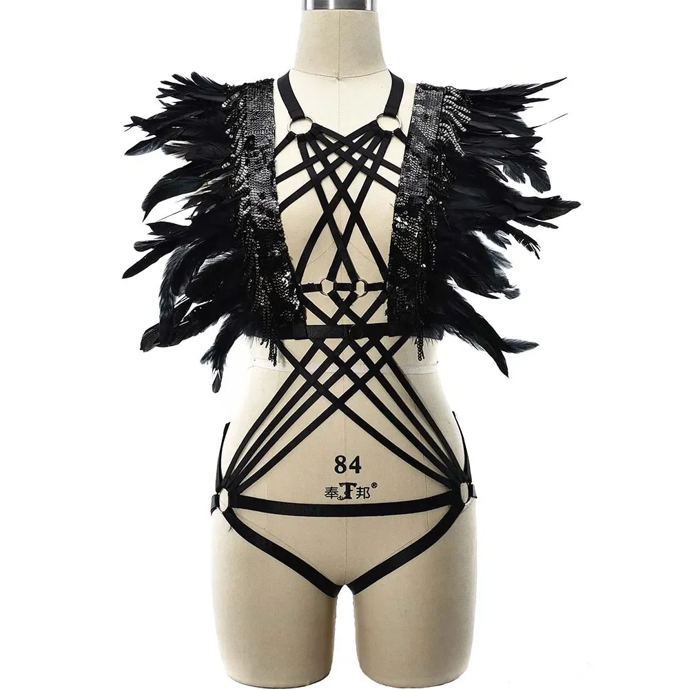 

Женская портупея с перьями, женский сексуальный бюстгальтер-клетка, Фетиш-одежда для полярного танца, регулируемая ажурная портупея, нижнее белье, стринги