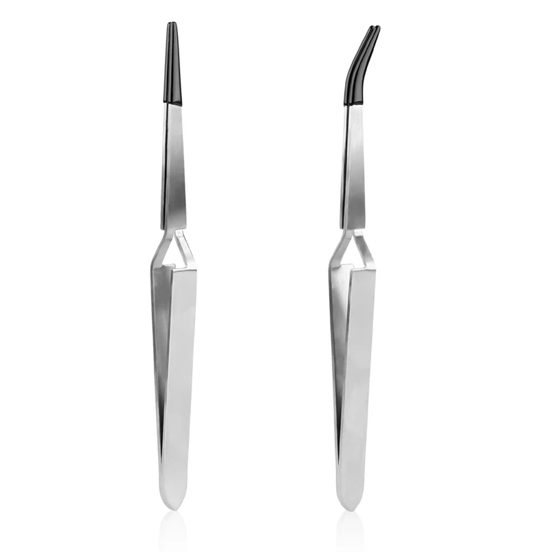 Rubber Tips Tweezers Straight & Bend Curved Pointed Rubber Tips Lock Soldering Tweezers For Crafting Jewelry Electronics