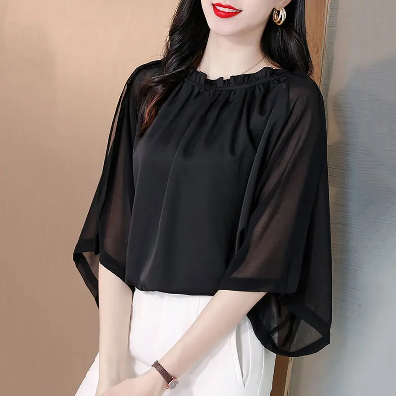 Elegante Ruches Hals Effen Kleur Plooien Batwing Mouwen Oversized Chiffon Shirt Zomer Casual Tops Losse Pendelen Vrouwen Blouse