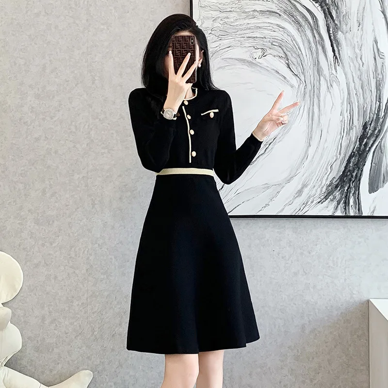 Autumn Black Dresses For Women Long Sleeved Sweet Temperament Commuting Round Neck Pullover Dress