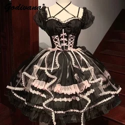 Lolita Sweet Girl Princess Dress Spring and Summer Off Shoulder Women's Short Sleeve Slim OP/JSK Short Ball Gown Dress