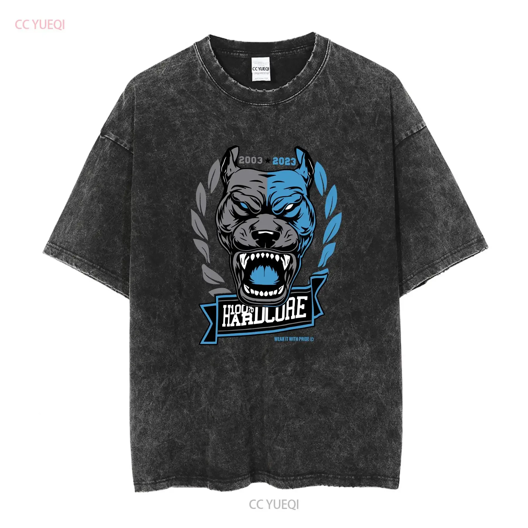 100 HARDCORE Men's Pride Dog T Shirt White Blue 305424100 Gabber vintage Washed Unisex streetwear Casual Top For Everyday Wear