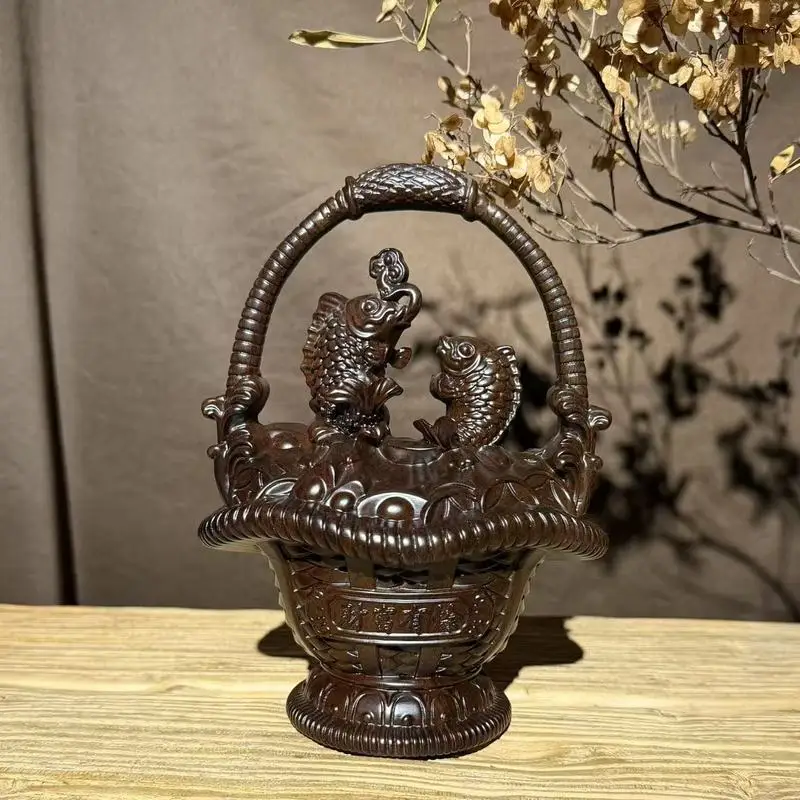Ebony wood carved flower basket ornament, solid wood fish sculpture, home living room decoration, wealth and prosperity display,