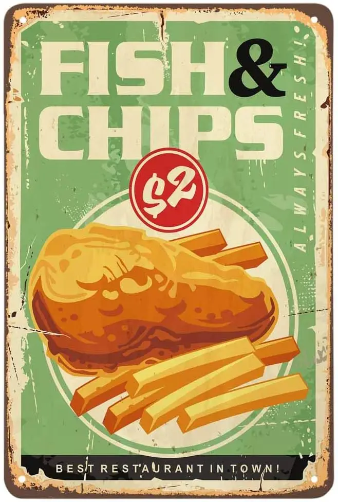 Y1,AOYEGO Fish and Chips Tin Sign,Cod Cook Oil Dish Fast Food Delicious Restaurant Vintage Metal Signs for Cafes Bars Pubs Shop