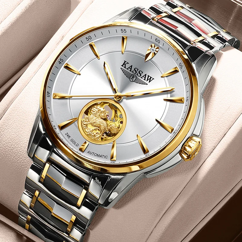 MIGE Original Miyota reloj mecánico automático para parejas esqueleto diamante zafiro 24K oro reloj de pulsera de acero inoxidable