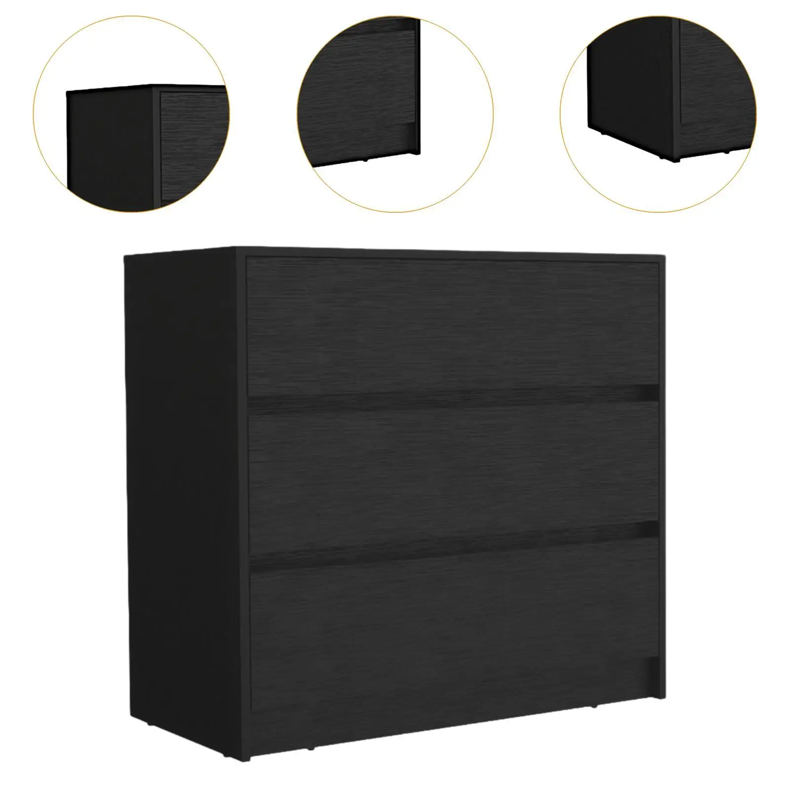 Modern Black Chest of Drawers - 31"H, 3 Spacious Drawers with Metal Rails, Ideal