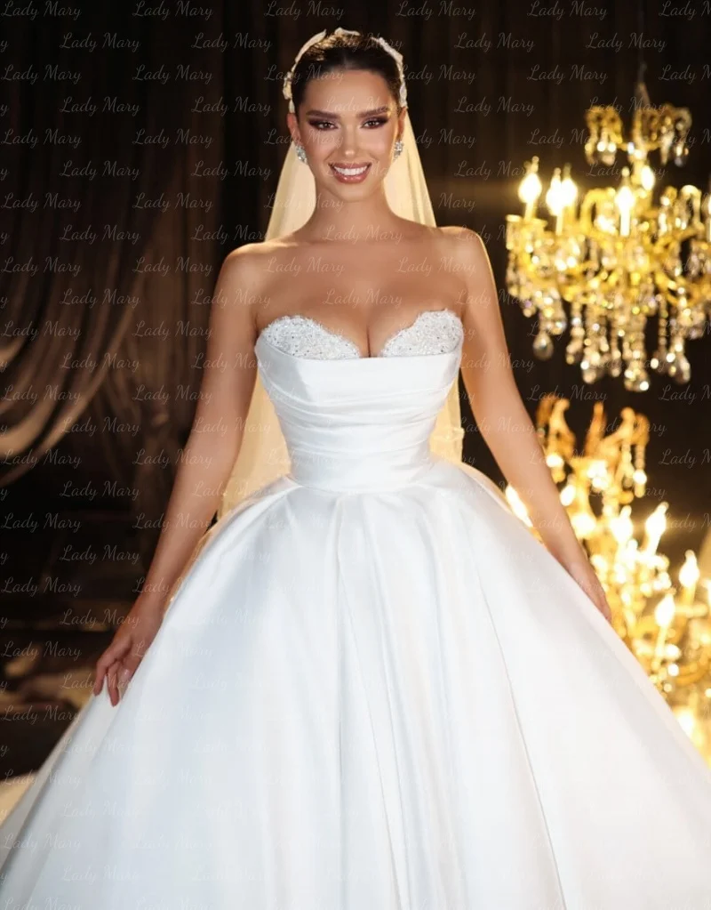 ゴージャスなプリンセスウェディングドレスレーススリーブサテン女性ブライダルガウンスイープトレイン Vestidos De Novia 2025 カスタマイズ