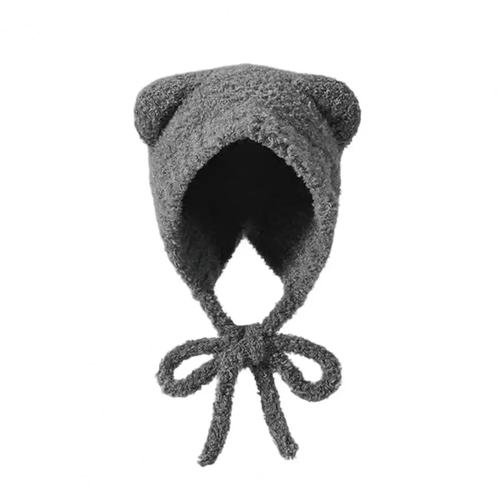 

Women Knitted Hat Winter Bear Knit Hat with Lace-up Detail Women's Weather Plush Headwear for Warmth Style