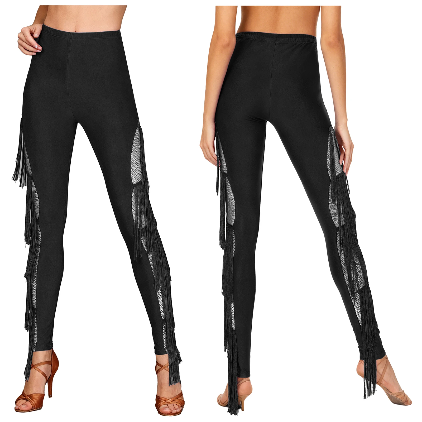 Frauen Latin Dance Tango Quaste Hosen Elastischer Bund Tiered Fransen Hosen für Cha-cha Rumba Ballsaal Salsa Bühne Leistung
