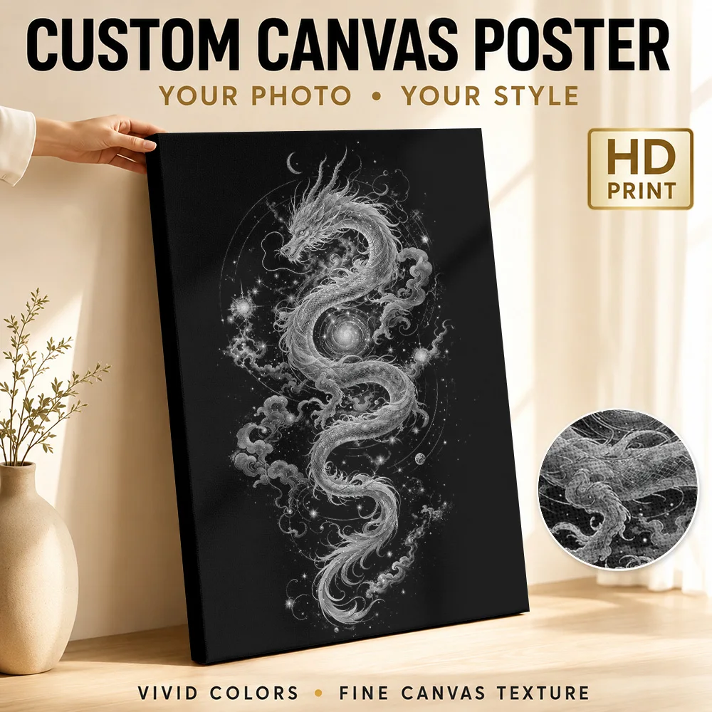 Celestial Dragon In Cosmic Void Canvas Print Poster Custom Photo Spiritual Mythology Canvas Wall Art for Meditation Room Decor
