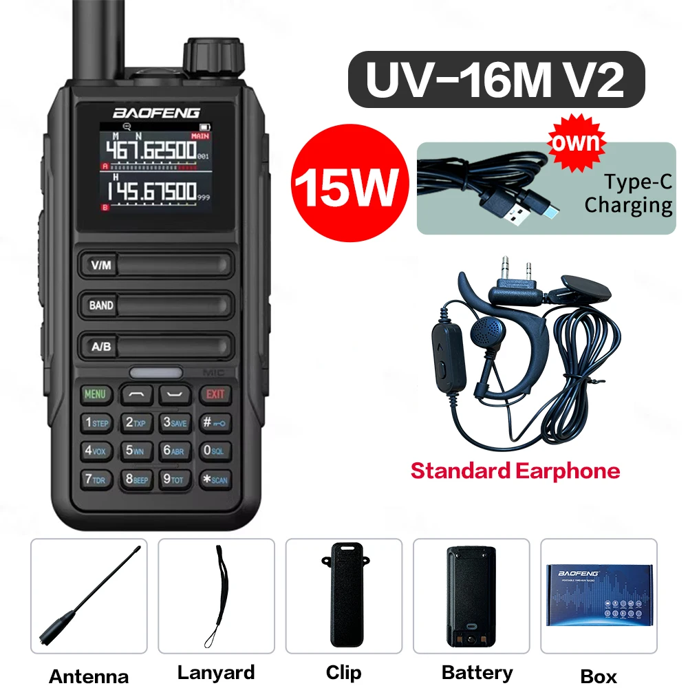 Baofeng Upgrade UV16M V2 Walkie Talkie 15 Вт Высокая емкость AM FM 2-стороннее радио Полнодиапазонный ЖК-дисплей 999CH Частотная копия NOAA Шумоподавление