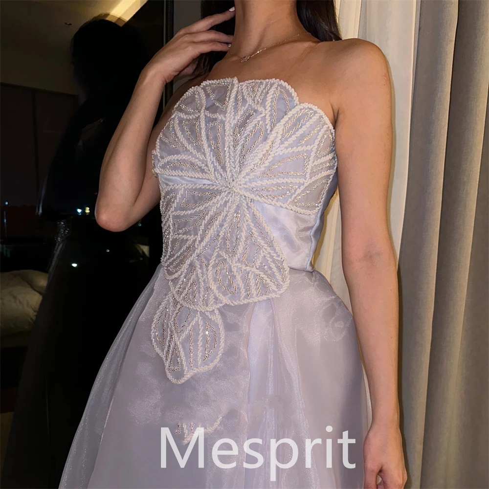 Mesprit High Quality Exquisite Strapless A-line Evening Dresses Paillette Organza Floor Length Custom Dress