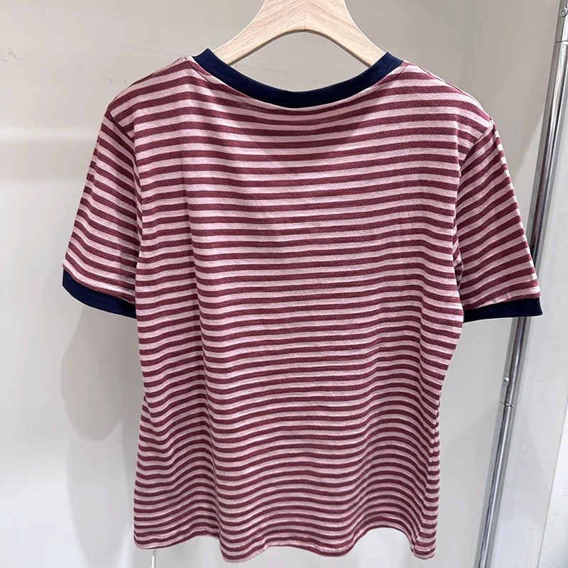 Loose Korean Monogram Print Stripe Contrast Crew Neck Short Sleeve T-shirt Round Neck Fashion Tops