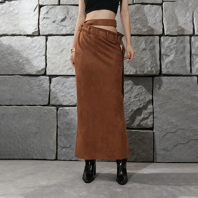 French Style Elegant Vintage Commuter Bodycon Skirts High Waist Belt Slim Fit Slit Temperament Versatile Long Skirt Women Autumn