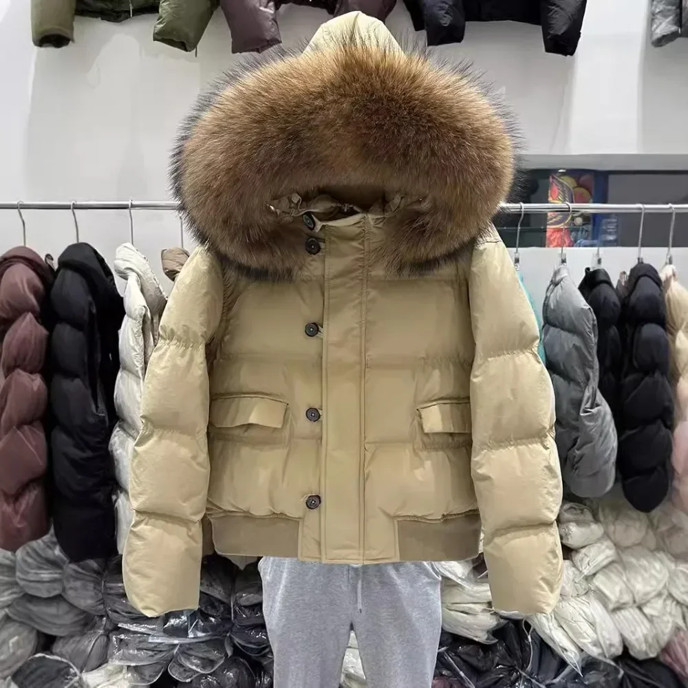

New Winter White Duck Down Jacket Women Real Raccoon Fur Collar Coat Female Short Warm Real Fur Down Coat Zipper Button