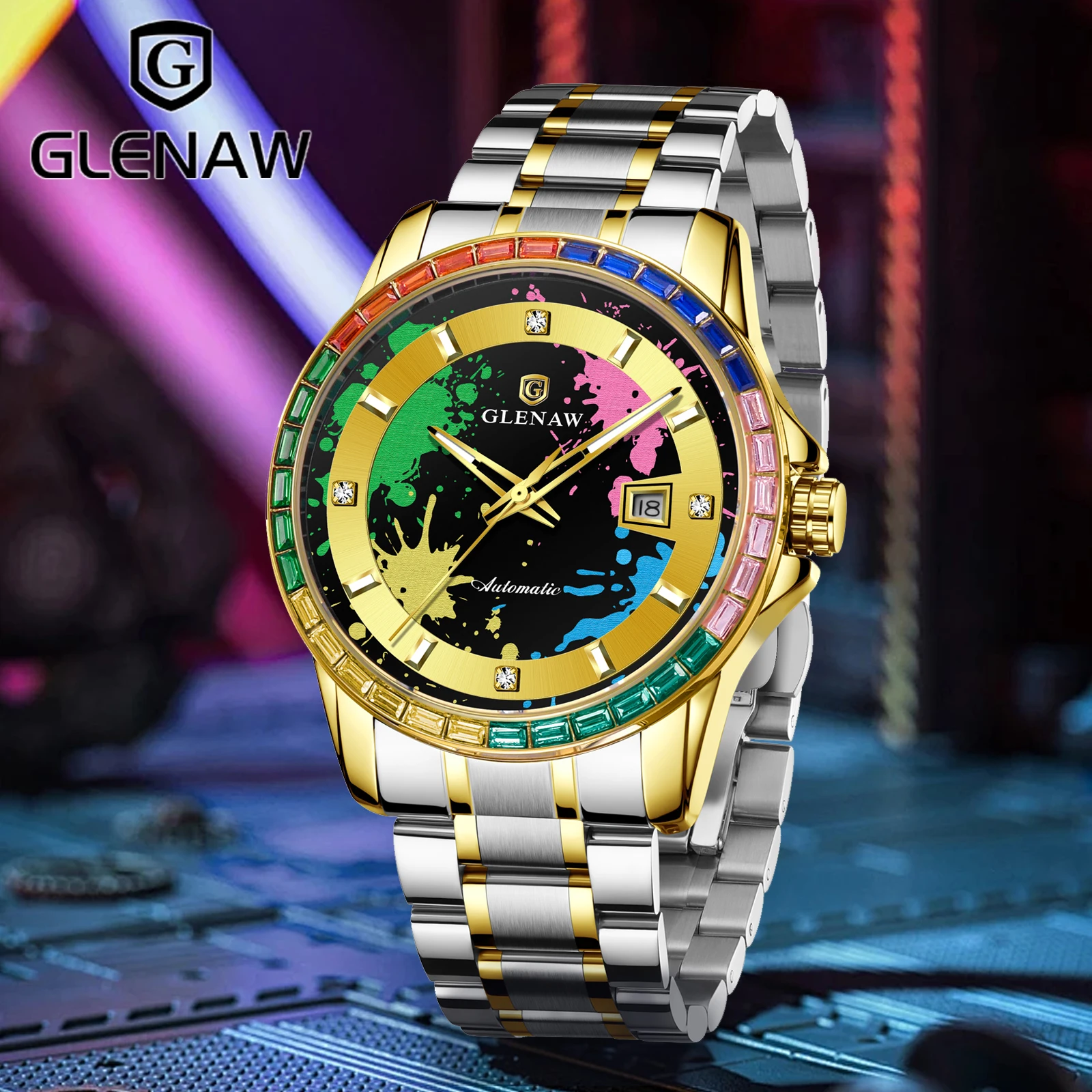 

GLENAW 2025 Design NEW Rainbow Circle Mechanical Watch Men graffiti dial Night Light Calendar Waterproof Luxury Mechanical Watch