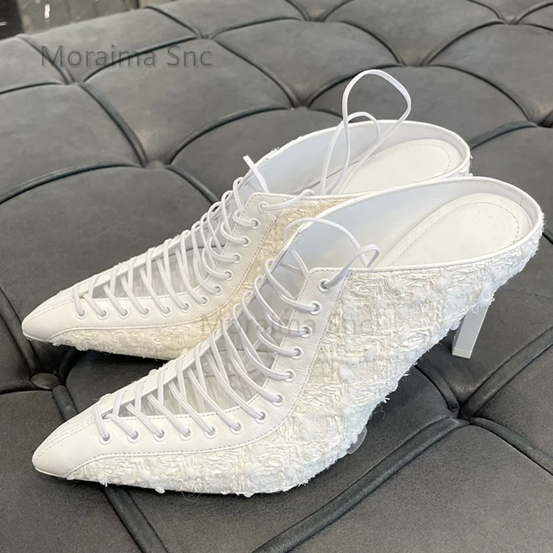 

Pointy Covered Toe Stiletto Sandals High Heels Female 2023 Summer Fairy Wind Lace-Up Sandals After Empty White Ladies Shoes