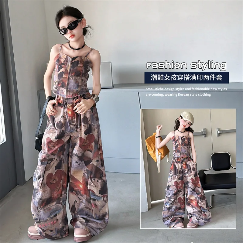 Fashion Girls Summer 2-Piece Set Vest And Pants Outfit Y2k Vintage Tween Child Dancing Streetwear Style for Students Ages 6-14Y