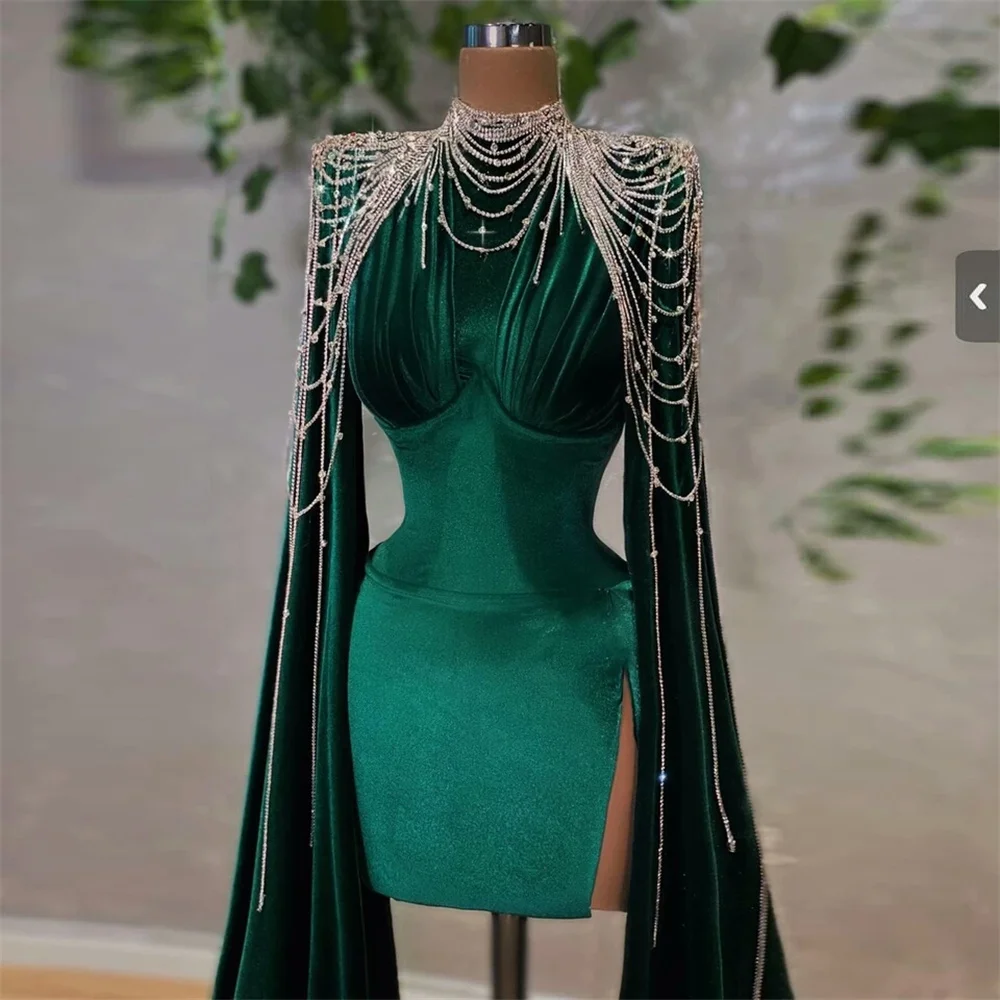 Velvet Elegant High Neck Prom Dress Tassel Luxury Crystal Evening Dress High Split Party Celebration Dress Large Customized