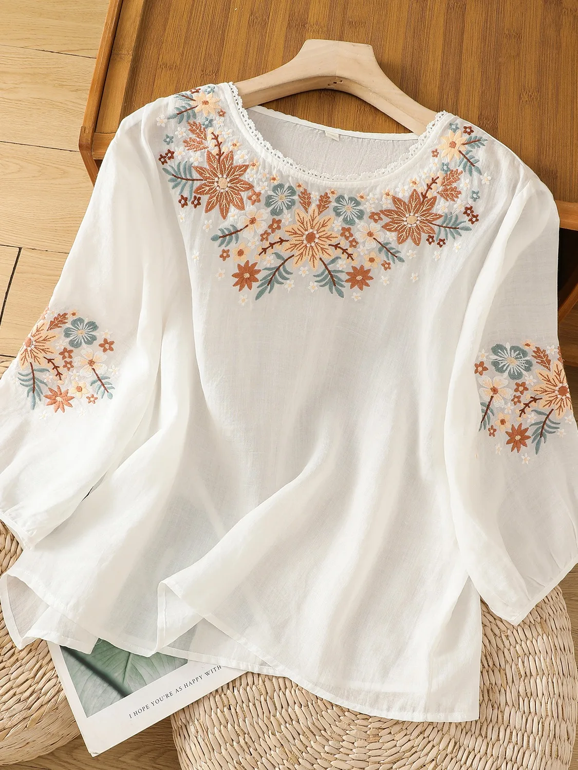 

New 2024 Women's Cotton Linen Embroidered irt Loose Fit Slimming Casual Sle round Ne ort Sve Summer Top