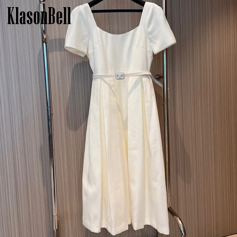 

7.23 KlasonBell Women Elegant Temperament Square Collar Short Sleeve Dress Belt Decoration Pleated Collect Waist Midi Dress