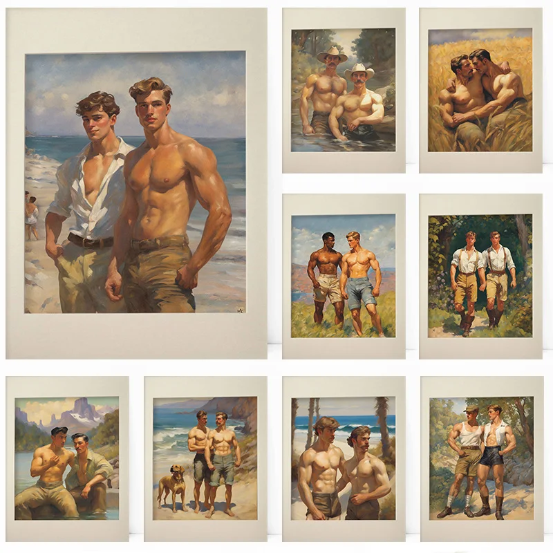 Vintage Muscular Man Gay Male Body Kiss Forest Walk Poster Print Wall Art Pictures Canvas Painting Room Bedroom Home Decor Gift