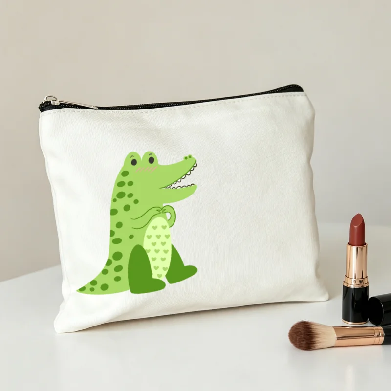 Custom Women Purse Make Up Pouch Cartoon Crocodile Canvas Cosmetic Bags Portable Zipper Toiletry Storage Pouch Daily Makeup Case