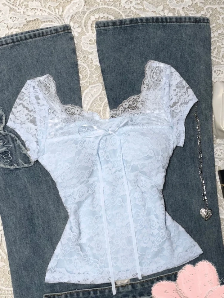 Chemisier d'été Vintage en dentelle abricot pour femmes, élégant, avec nœud doux, Slim Fit, rétro Chic Y2K, mode décontractée, doux, t-shirts, nouveau