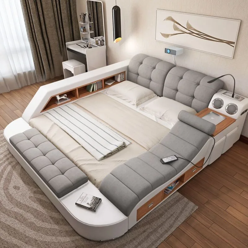 Frame Organiser Queen Bed Multifunctional Relaxing Minimalist Comfortable Bed Luxury Sleeper Upholstered Fancy Bedroom Furniture