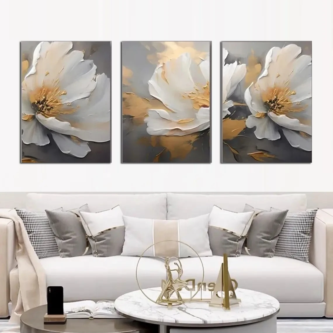 White Flower Diamond Painting New 2024 Golden Flora Triptych Diamond Embroidery Cross Stitch Kits Flowers Home Decor