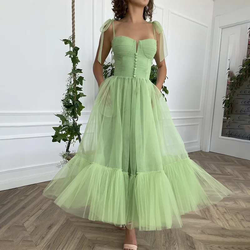 Do kostek Ruched Tulle paski Spaghetti suknie ślubne przyciski zakładki dostosowane Backless bez rękawów Prom suknie wieczorowe