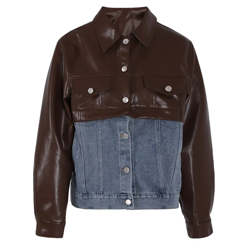 

Autumn Lapel PU Leather Contrasting Splicing Denim Women Jacket Retro Detachable Two-Piece Coat Two Fake Pockets Tops In Stock
