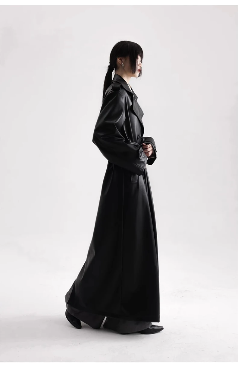 Lautaro Spring Autumn Extra Long Black Soft Pu Leather Trench Coat for Women Double Breasted Loose Casual Korean Fashion 2024