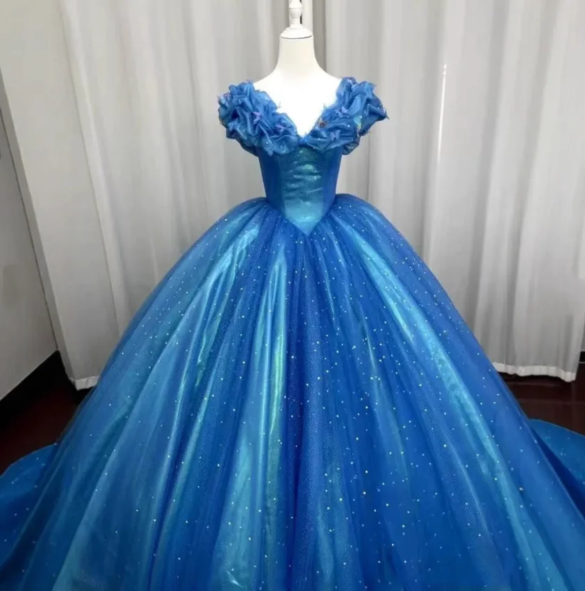 Abito da ballo stile principessa pieghettato con scollo a V blu navy personalizzato Abito da sera formale pieghettato con paillettes a trapezio senza maniche