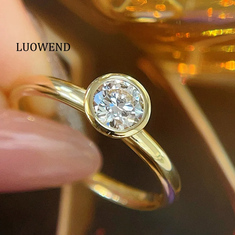 LUOWEND 100% 18K Yellow Gold Rings Fashion INS Style Real Natural Diamond Engagement Ring for Women High Wedding Jewelry