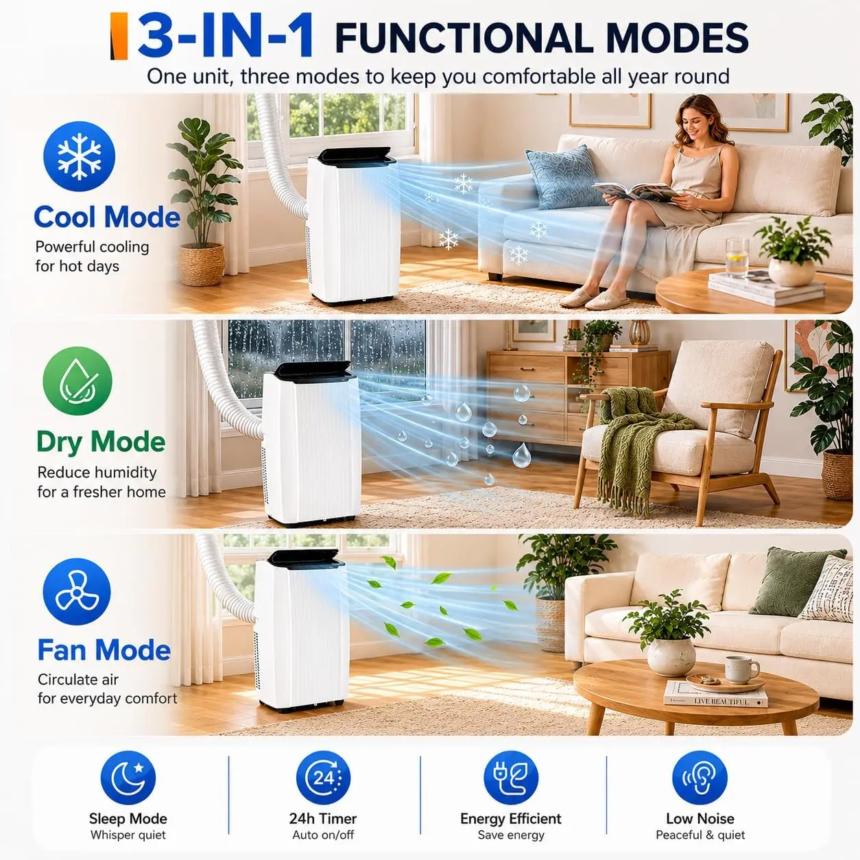 Portable Air Conditioner, Cools up to Rooms, AC Unit with Dehumidifier & Fan, Quiet Sleep Mode, Remote Control, 24H Timer, Windo