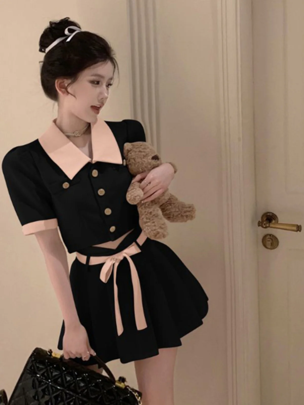 

Korean Style College Spring Set Women's Collar Patchwork Shirt Belted Pleated Skirt Two-Piece Ensemble