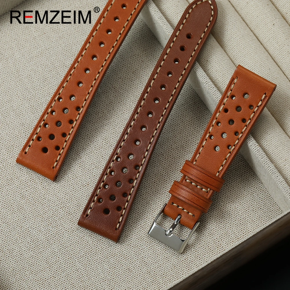 Pulseira de couro artesanal vintage, design respirável, 20mm 22mm, substituição universal, pulseira de relógio de pulso