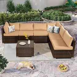 Juego de muebles de mimbre para Patio, conjunto de conversación al aire libre con cojines lavables y mesa de centro de cristal, color marrón, 7 piezas