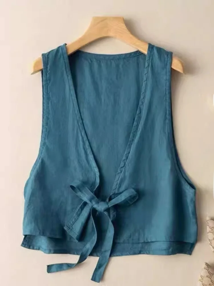 Gilet d'été en coton et lin pour femmes, petite taille, couleur, vêtements d'extérieur simples, ceinture, haut Svel, amincissant, longueur ort