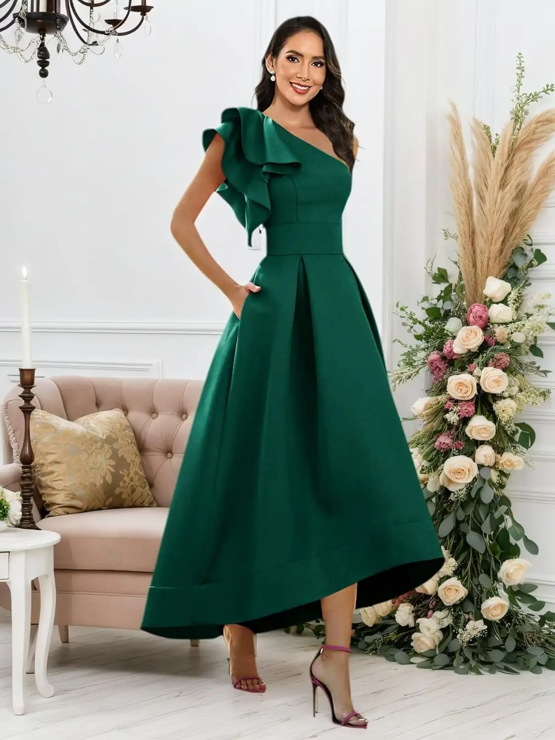 

Satin Mother of The Bride Dress for Wedding with Pockets One Shoulder High Low Formal Prom Gown