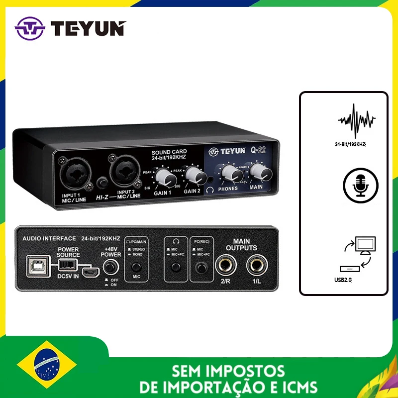 TEYUN Q-22 Professional USB Audio Interface Sound Card With Monitor Electric Guitar Recording 48V Phantom Power Sound Mixer