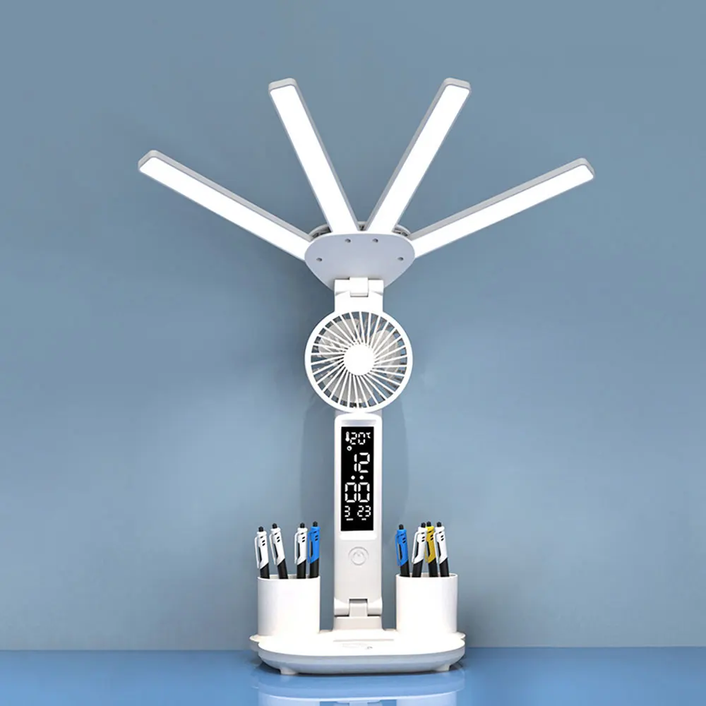 Multi-use Table Lamp Folding Time Date Display Desktop Fan Lamp Tricolor LED Reading Lamp with Pen Holder for Bedroom Office