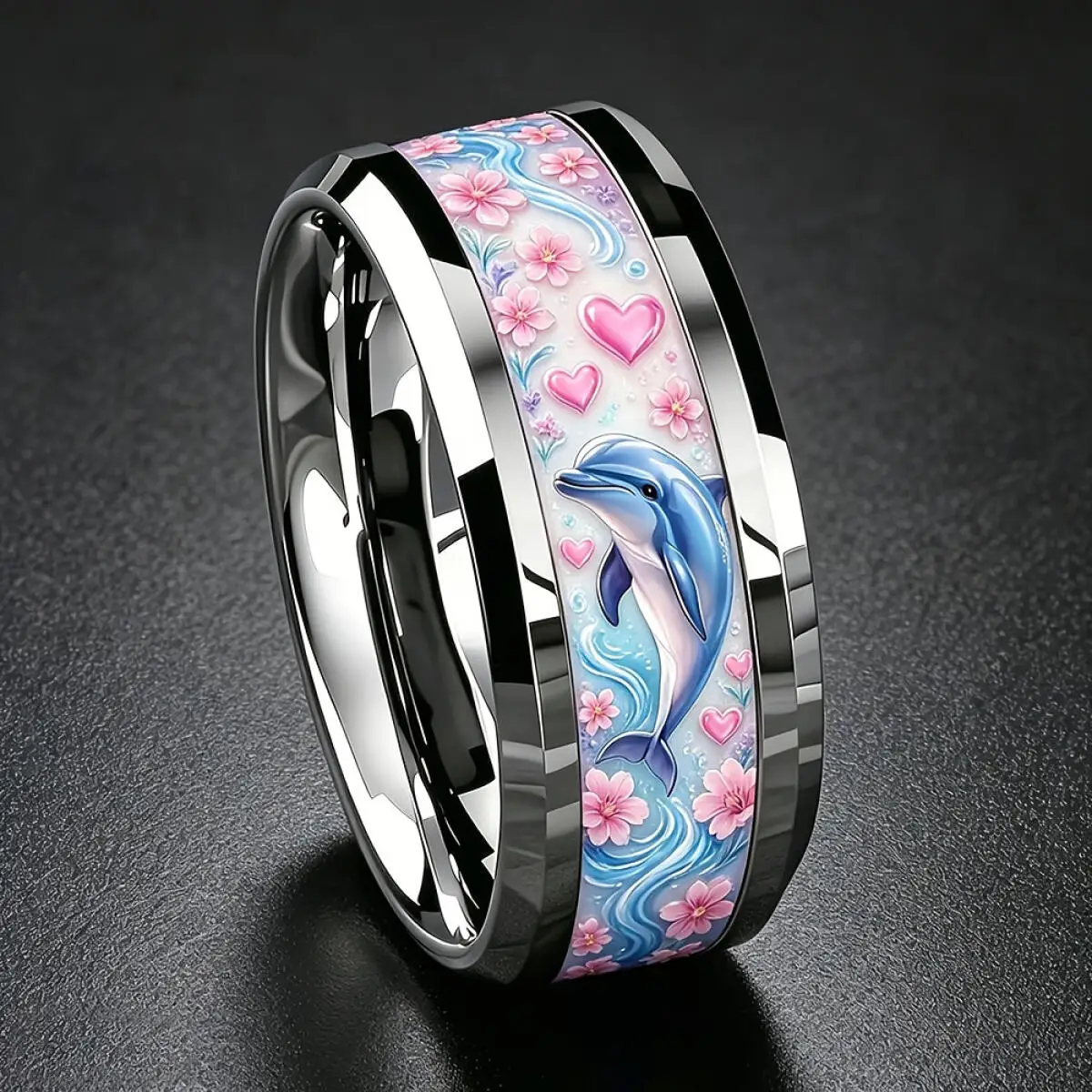 Fashion Flowing Blue Ocean Wave Pattern Inlay Men's Stainless Steel Rings Jewelry Suitable for Daily Wear, Gift for Him Non-Fade