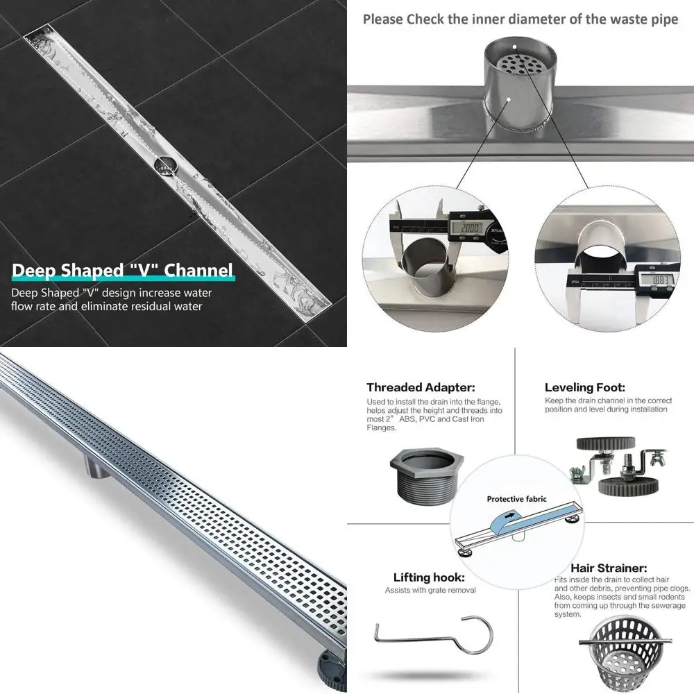 

48 Brushed Stainless Steel Linear Shower Drain with Removable Grate and Hair Strainer
