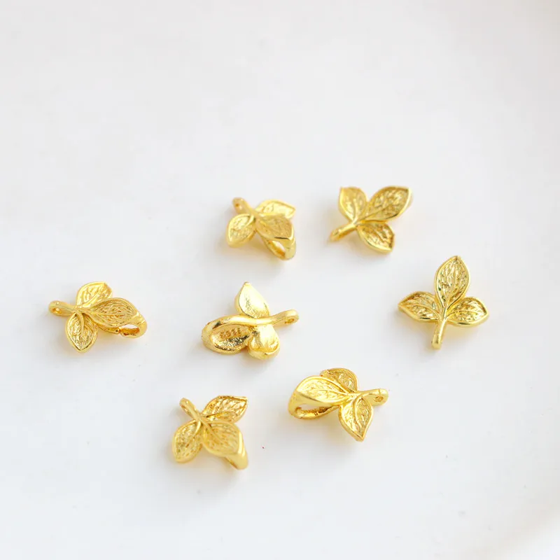Copper 18K Matte Sand Gold Plated Three Leaf Loop Ancient Gold Large Hole Bead DIY Rope Bracelet Necklace Charm Findings