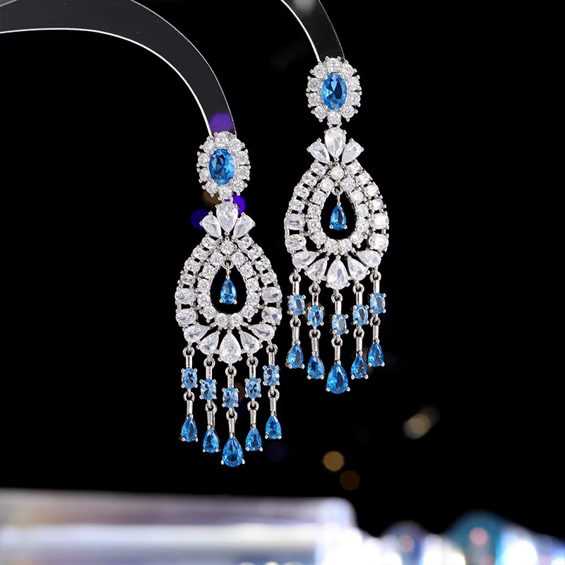 

Geometric water droplet inlaid zircon earrings s925 silver needle elegant heavy industry evening dress earrings